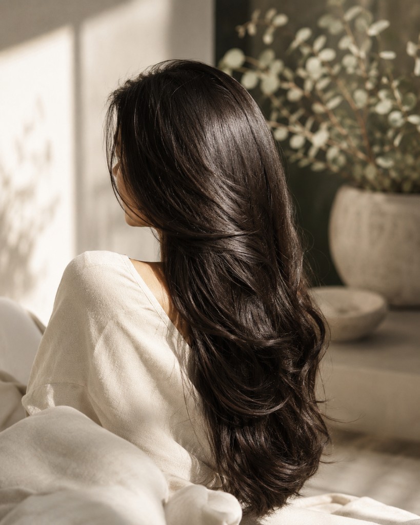 Healthy glossy hair in a calm luxury spa setting